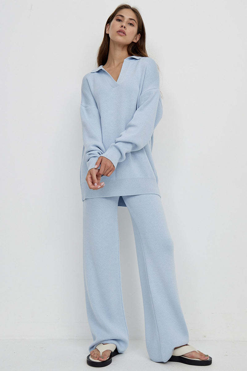 Knit Turndown Collar Sweater Plain Wide Leg Pants Matching Set-Beige
