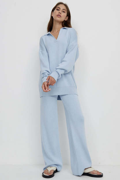 Knit Turndown Collar Sweater Plain Wide Leg Pants Matching Set-Beige