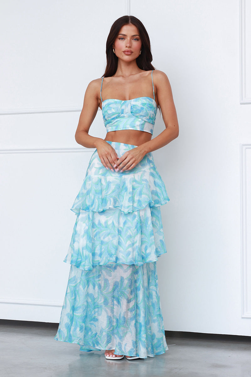 Ruched Sweetheart Neck Sleeveless Crop Top Ruffled Trim Maxi Skirt Pattern Print Matching Set