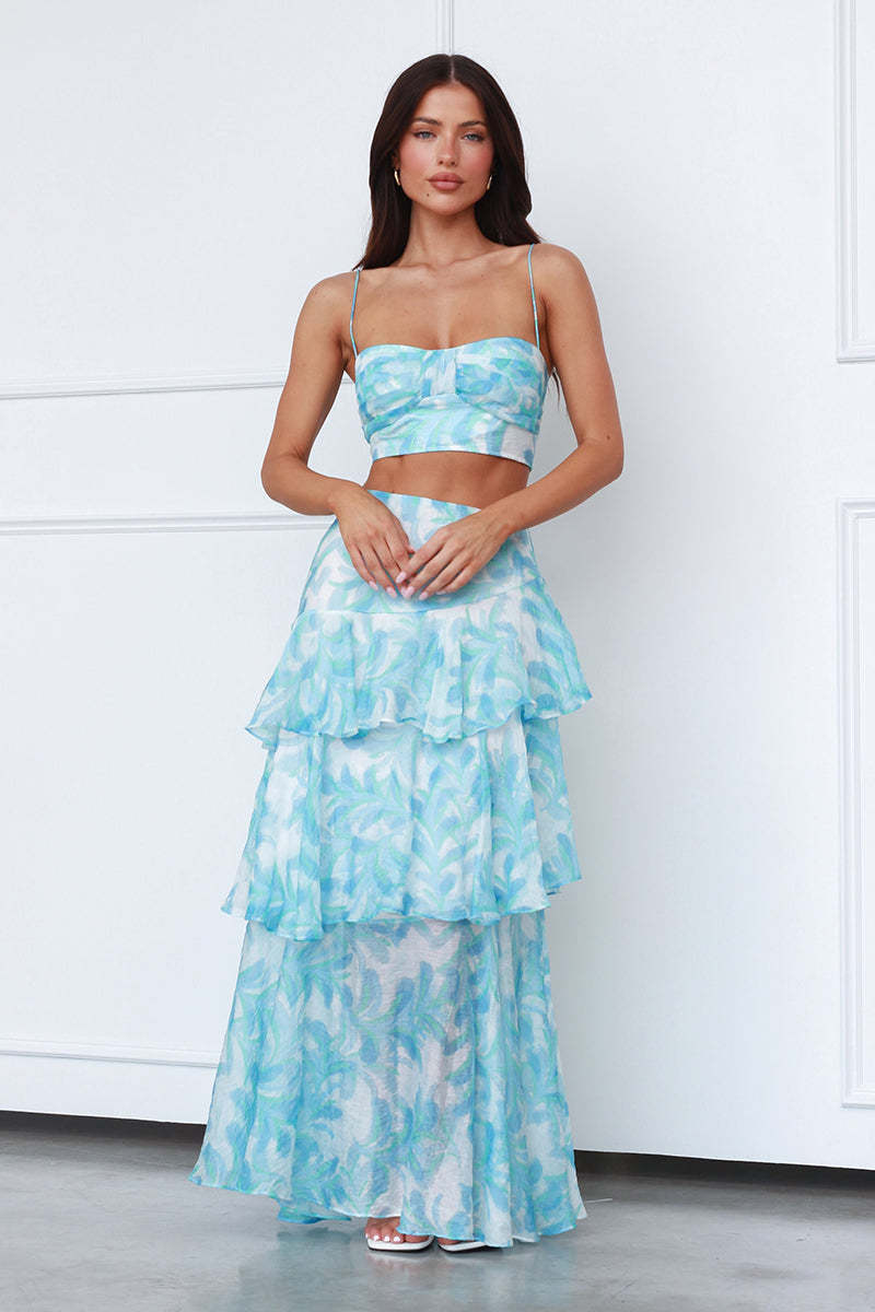 Ruched Sweetheart Neck Sleeveless Crop Top Ruffled Trim Maxi Skirt Pattern Print Matching Set