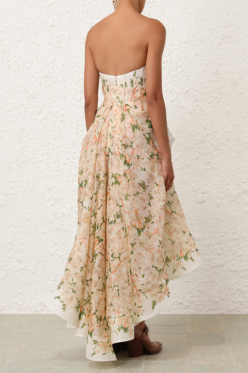 Floral Print Strapless A-Line High-Low Hem Maxi Dresses-Beige Pre Order