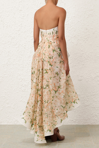 Floral Print Strapless A-Line High-Low Hem Maxi Dresses-Beige Pre Order
