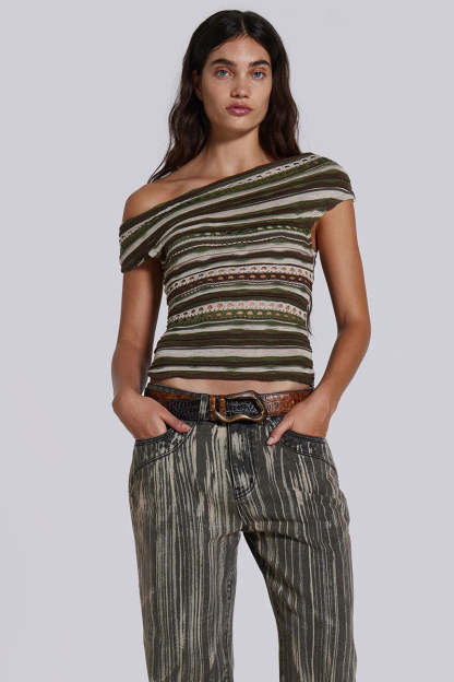 Boat Neck Off Shoulder Boho Pattern Hollow Out Vacation Crop Top-Green