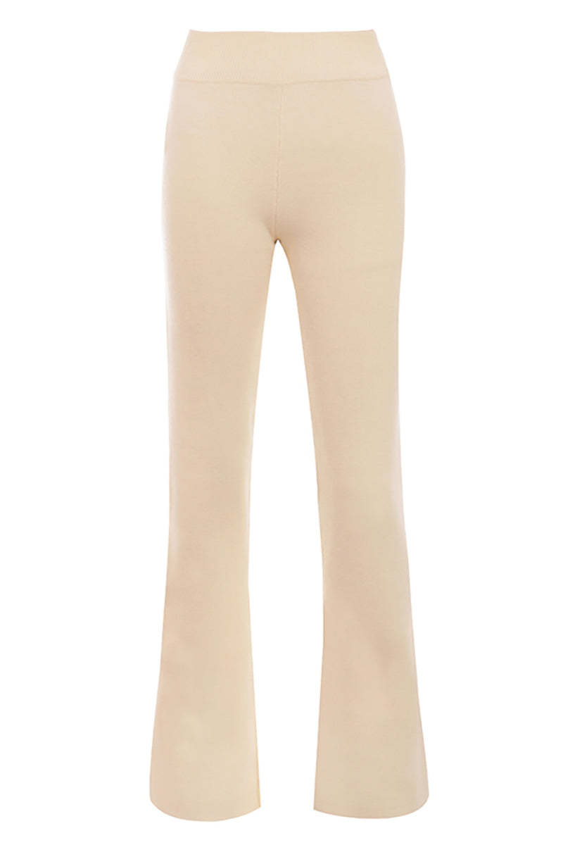 Irregular Folded Stand Collar Lantern Sleeve Sweater Plain Pants Matching Set-Beige