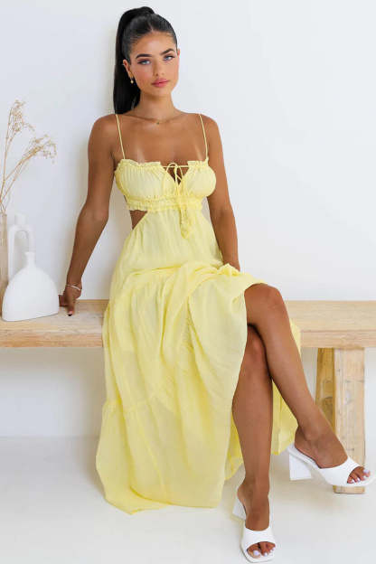 Tied Up Backless Ruched Tiered Pleated Slip Maxi Dress