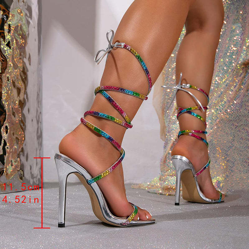 Coloured Rhinestone Lace Up Knotted Square Toe Stiletto Heels