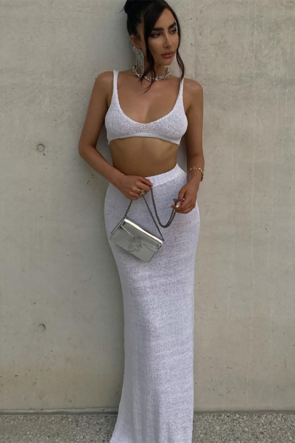 Knit Deep V Neck Crop Cami Knit Plain Bodycon Maxi Skirt Matching Set-White