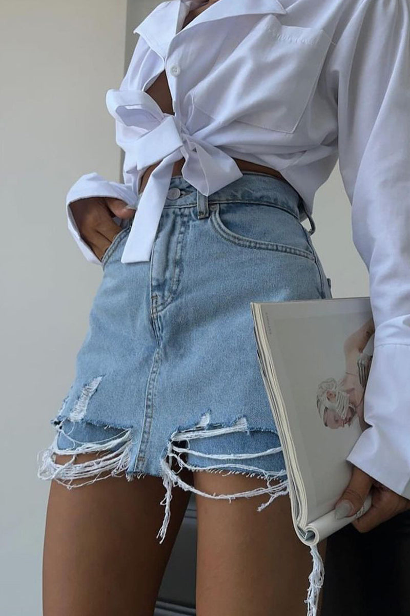 Ripped Frayed High Waist Pocket Casual Denim Shorts-Blue