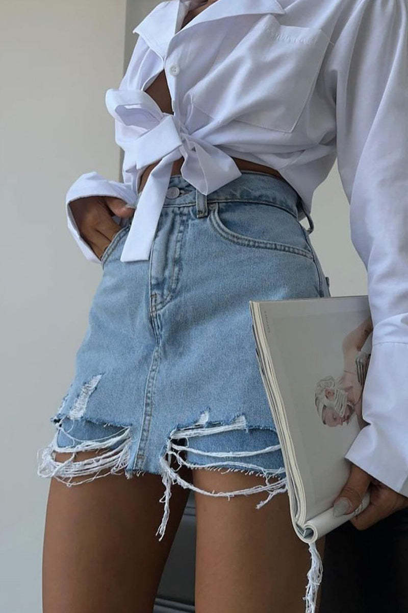 Ripped Frayed High Waist Pocket Casual Denim Shorts-Blue