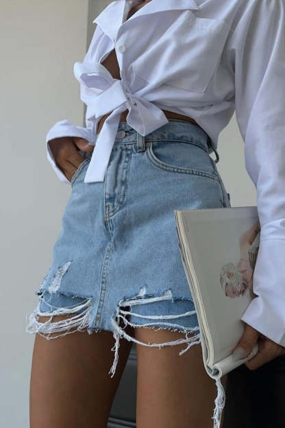 Ripped Frayed High Waist Pocket Casual Denim Shorts-Blue
