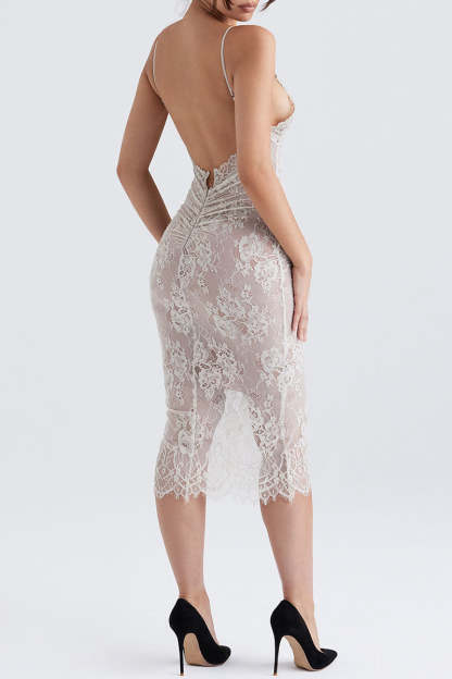 Floral Lace Slip V Neck Backless Cocktail Party Midi Dresses