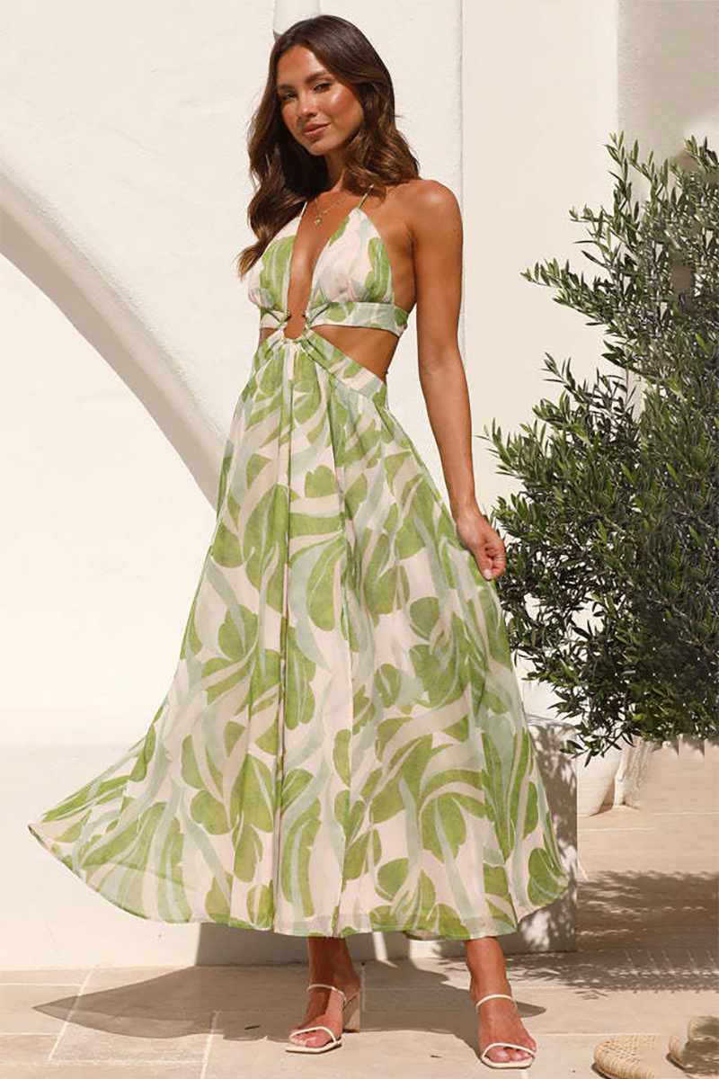 Floral Print Cutout Deep V Neck Backless Tie Up Flowy Vacation Maxi Dresses-Green