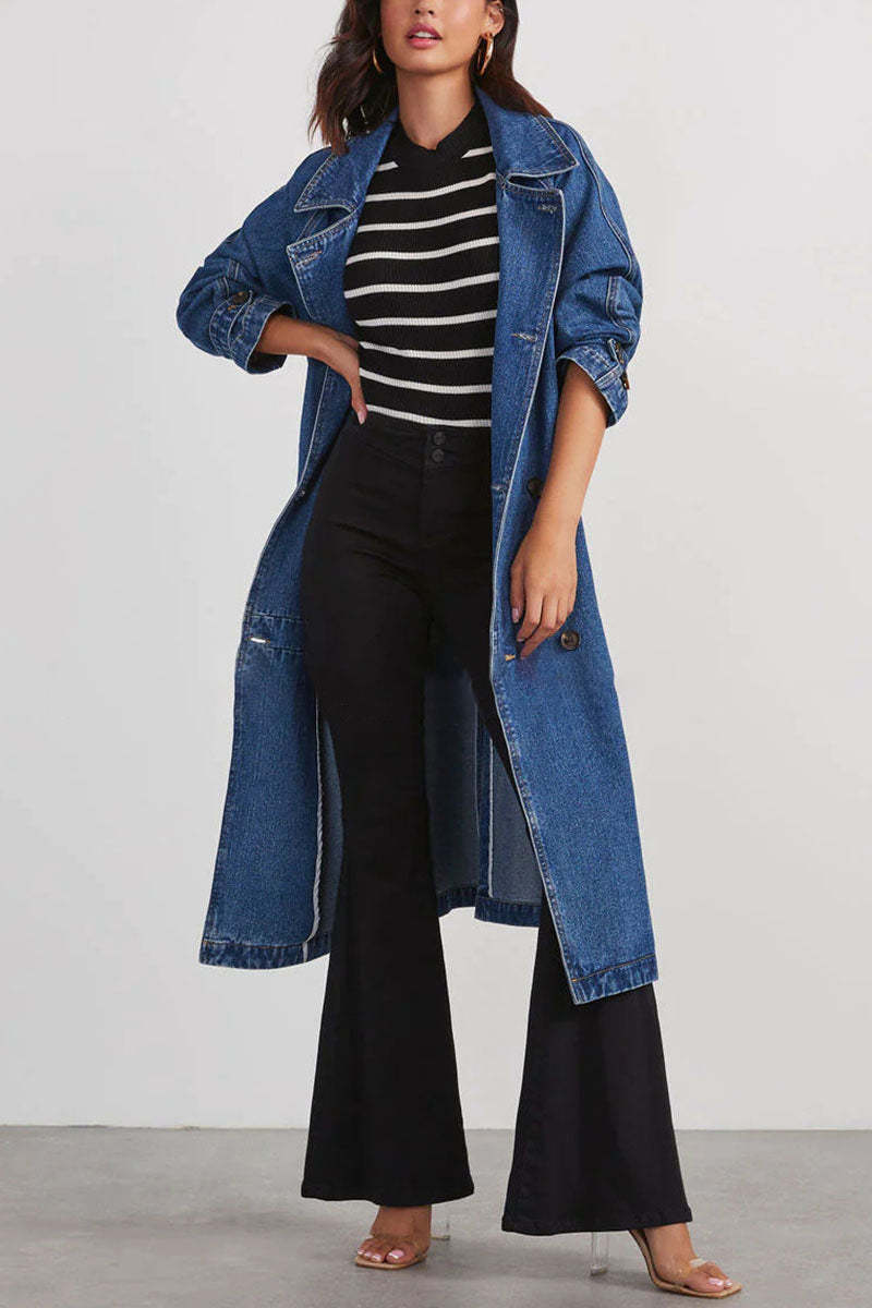 Turndown Collar Long Sleeve Double-Breasted Tie Up Denim Trench Coat-Blue
