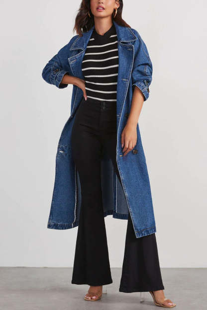 Turndown Collar Long Sleeve Double-Breasted Tie Up Denim Trench Coat-Blue