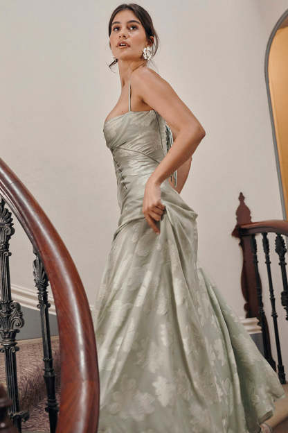 Elegant Floral Print Quilted Lace Up Back Formal Party Flowy Maxi Dresses-Green