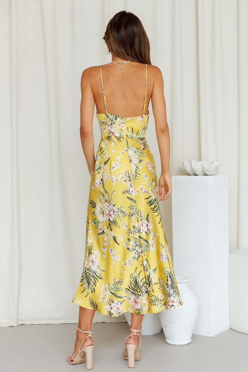 Vacation Cami Boat Neck Floral Print Slit Satin Vacation Midi Dress