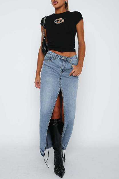 Denim Bodycon Slit Front Pocket Maxi Skirt-Blue