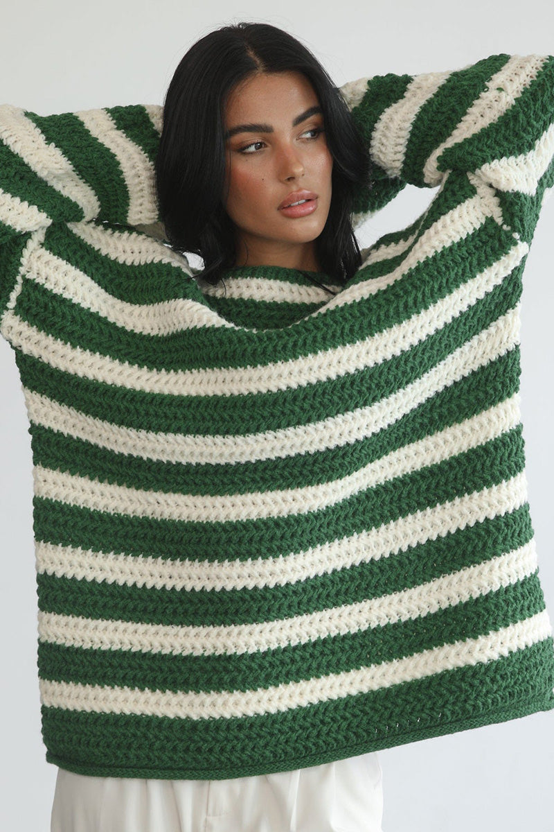 Striped Colorblock Knit Long Sleeve Casual Sweater-Green