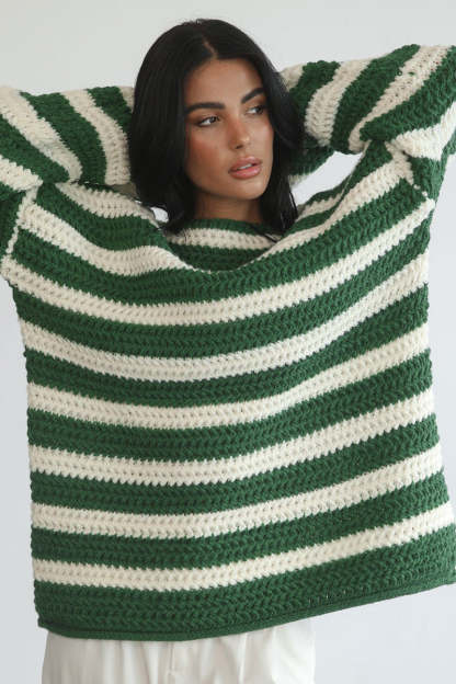 Striped Colorblock Knit Long Sleeve Casual Sweater-Green