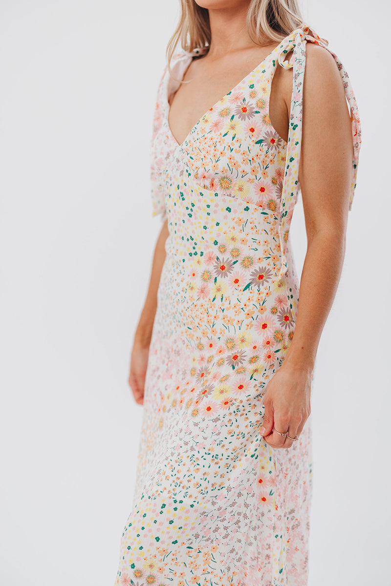 Floral Print V Neck Tied Up Sleeveless Midi Dresses-Beige Pre Order