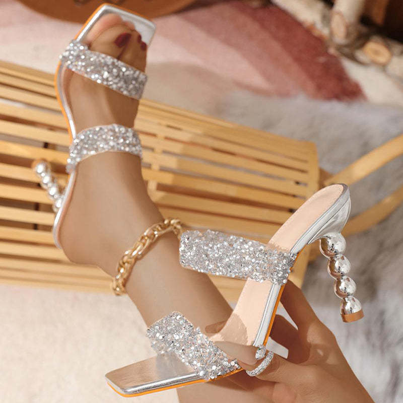 Rhinestone Embellished Square Toe Double Straps Slides Stacked Stiletto Heels