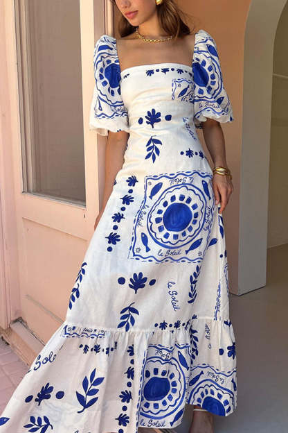 Square Neck Puff Sleeve Quilted Hem Boho Print Vacation Maxi Dresses-Blue