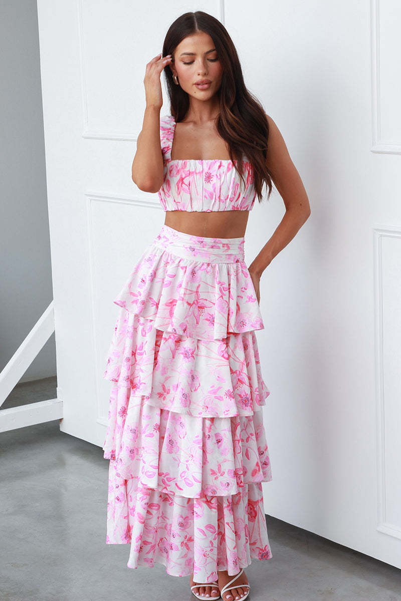 Square Neck Ruched Sleeveless Crop Top High Waist Layered Maxi Skirt Floral Print Matching Set