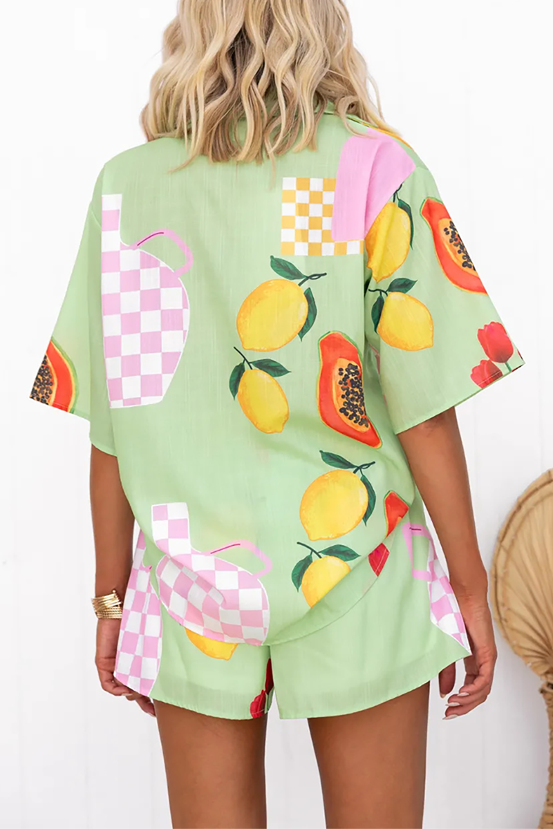 Flower Fruits Print Half Sleeve Blouse Casual Shorts Matching Set-Green
