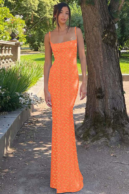 Floral Print Backless Square Neck Vacation Slip Maxi Dresses