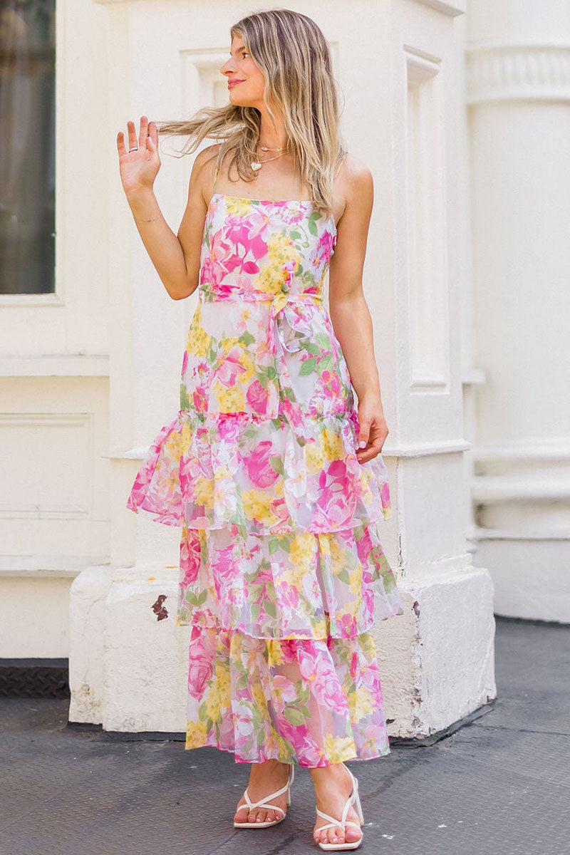 Spaghetti Strap Floral Print Tied Up Tiered Maxi Dresses-Pink