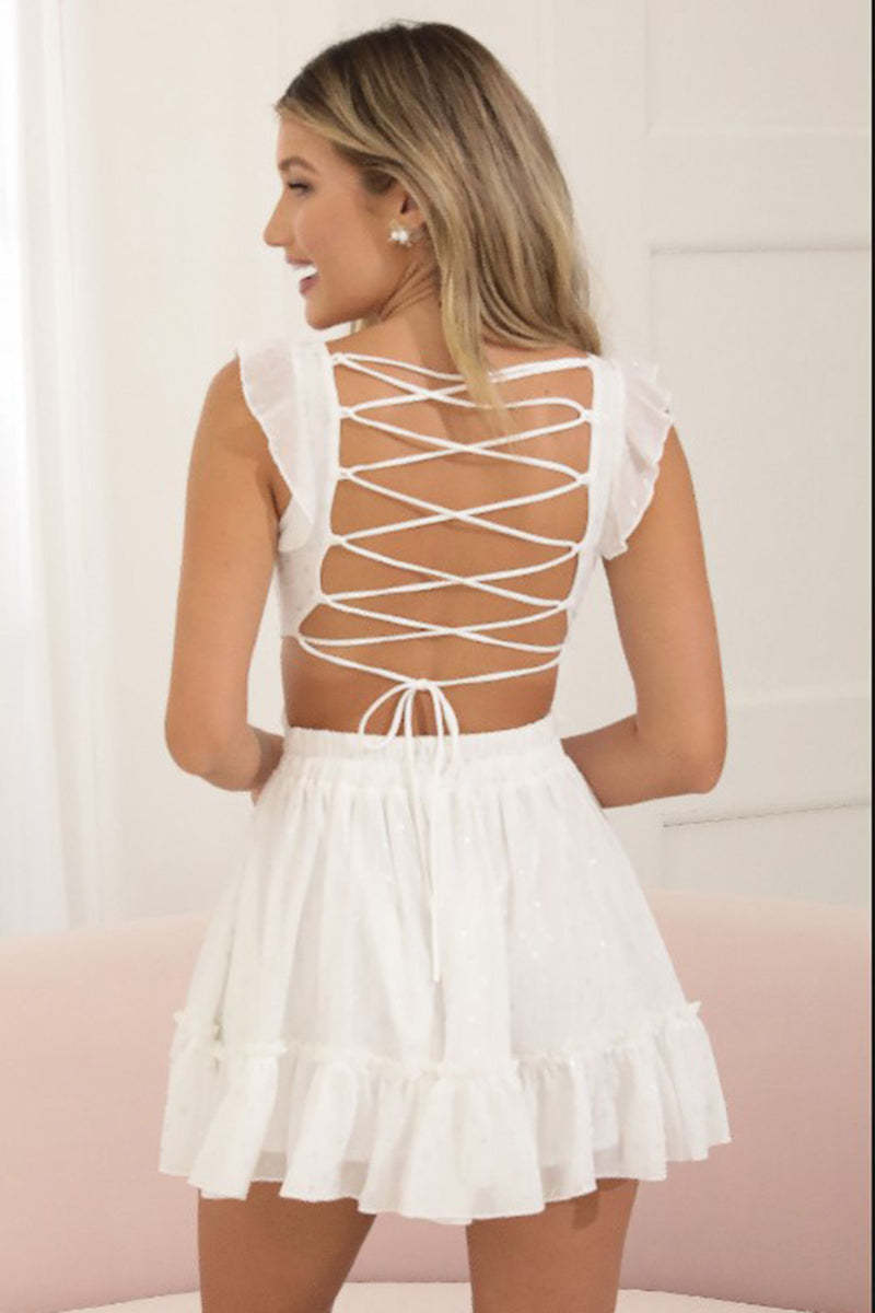 Cut Out Back Lace Up Ruffle Sleeveless Party Mini Dresses-Black