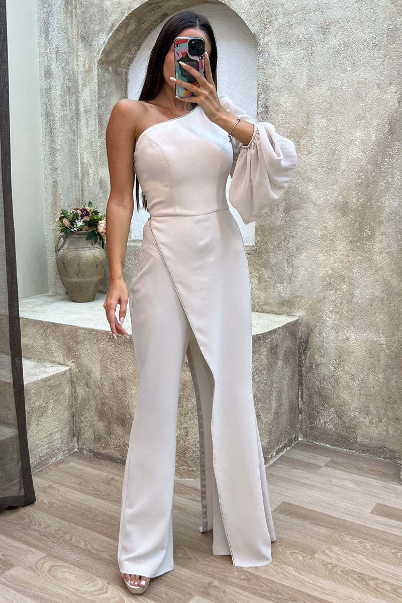 One Shoulder Single Lantern Sleeve Irregular Trim Flared Leg Jumpsuit-Black