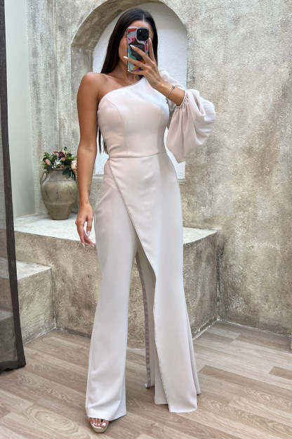 One Shoulder Single Lantern Sleeve Irregular Trim Flared Leg Jumpsuit-Black