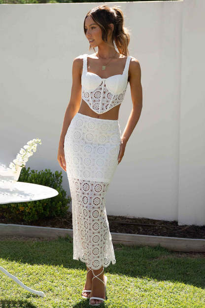 Lace Cami Corset Crop Top Fishtail Slit Midi Dress Vacation Matching Set