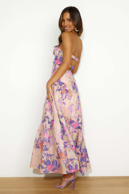 Boat Neck Backless Irregular Pleated Flowy Floral Print A-line Vacation Maxi Dresses