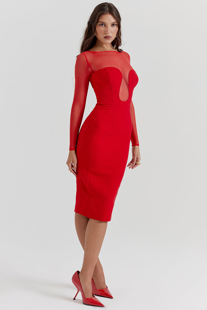 Mesh Patchwork Long Sleeve Irregular Corset Bodycon Midi Dresses-Red