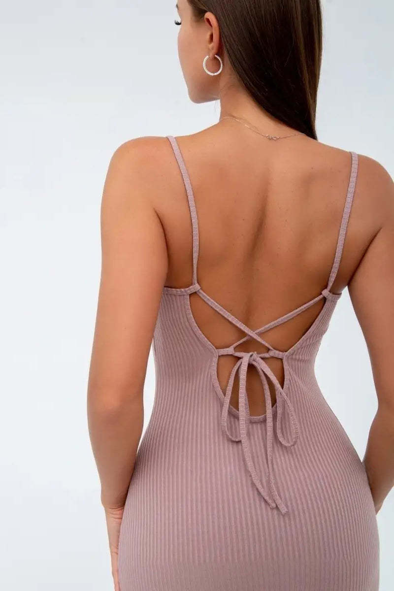 Solid Color Knit Slim Fit Backless Tie Up Midi Slip Dresses-Khaki