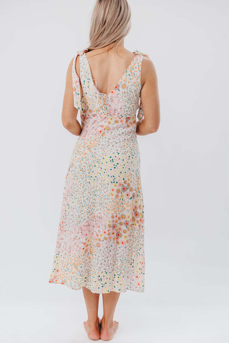 Floral Print V Neck Tied Up Sleeveless Midi Dresses-Beige Pre Order