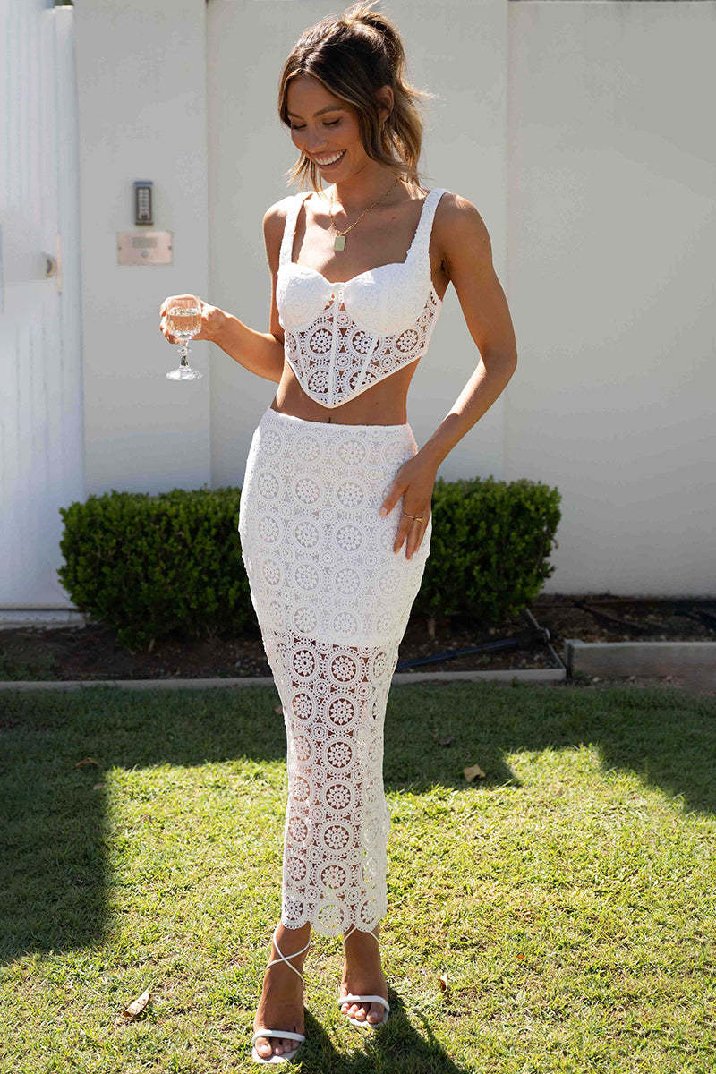Lace Cami Corset Crop Top Fishtail Slit Midi Dress Vacation Matching Set