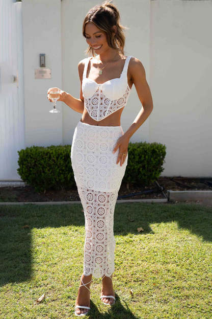 Lace Cami Corset Crop Top Fishtail Slit Midi Dress Vacation Matching Set