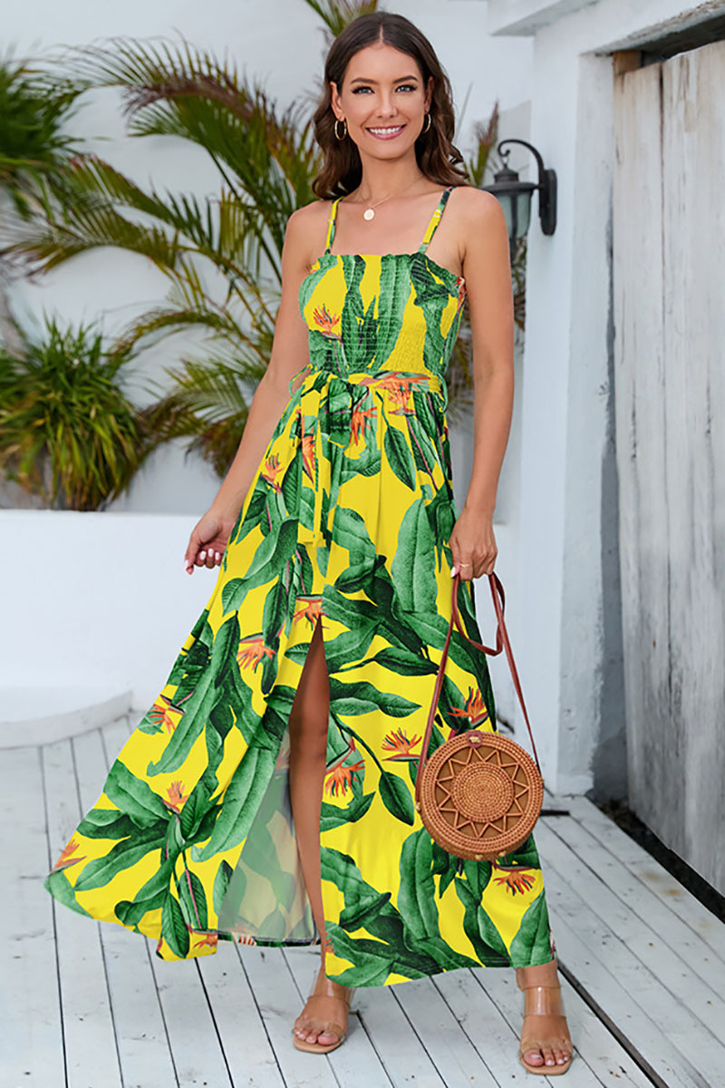 Print Slit Tied Belt Cami Vacation Midi Dresses