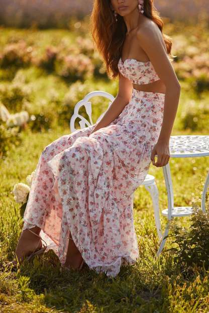 Vacation Pink Floral Two Piece Maxi Skirt Set