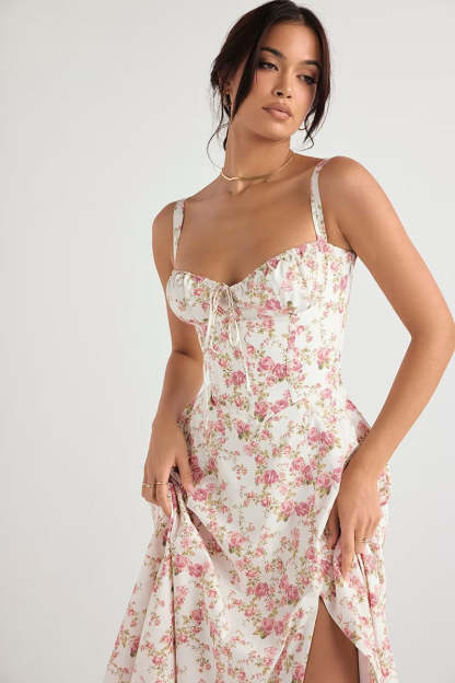 Tied Up Lace Up Floral Print Slit A-Line Vacation Slip Midi Dress