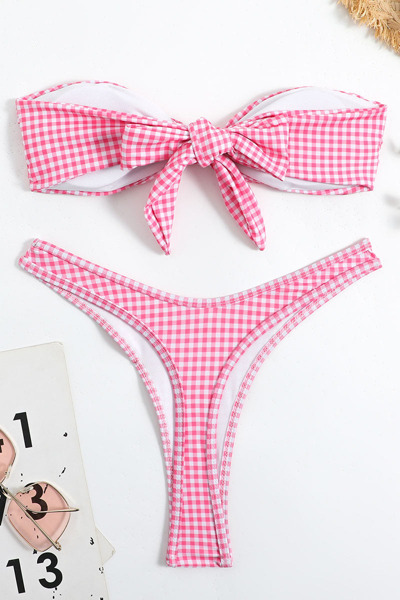 Checker Print Strapless Bow Two Piece Bikini Set