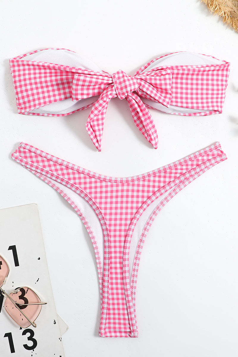 Checker Print Strapless Bow Two Piece Bikini Set