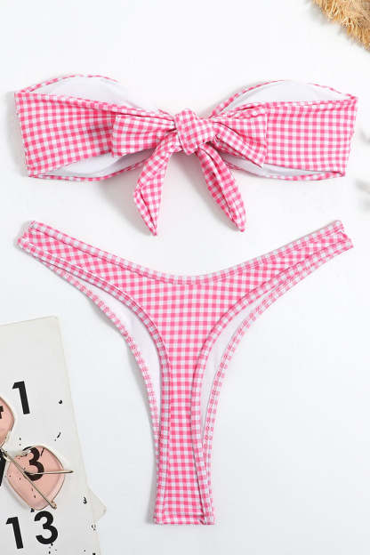 Checker Print Strapless Bow Two Piece Bikini Set