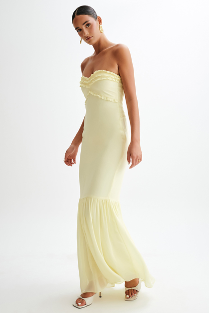 Frilled Strapless Slim Fit Pleated Fishtail Maxi Dresses-Yellow Pre Order