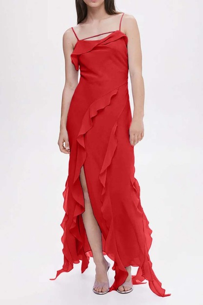 Cami Irregular Neck Ruffle Backless Tied Up Slit Tulle Formal Party Maxi Dress