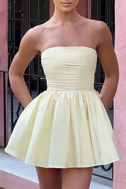 Boat Neck A-Line Pleated Hem Back Bow Mini Tube Dresses-Yellow