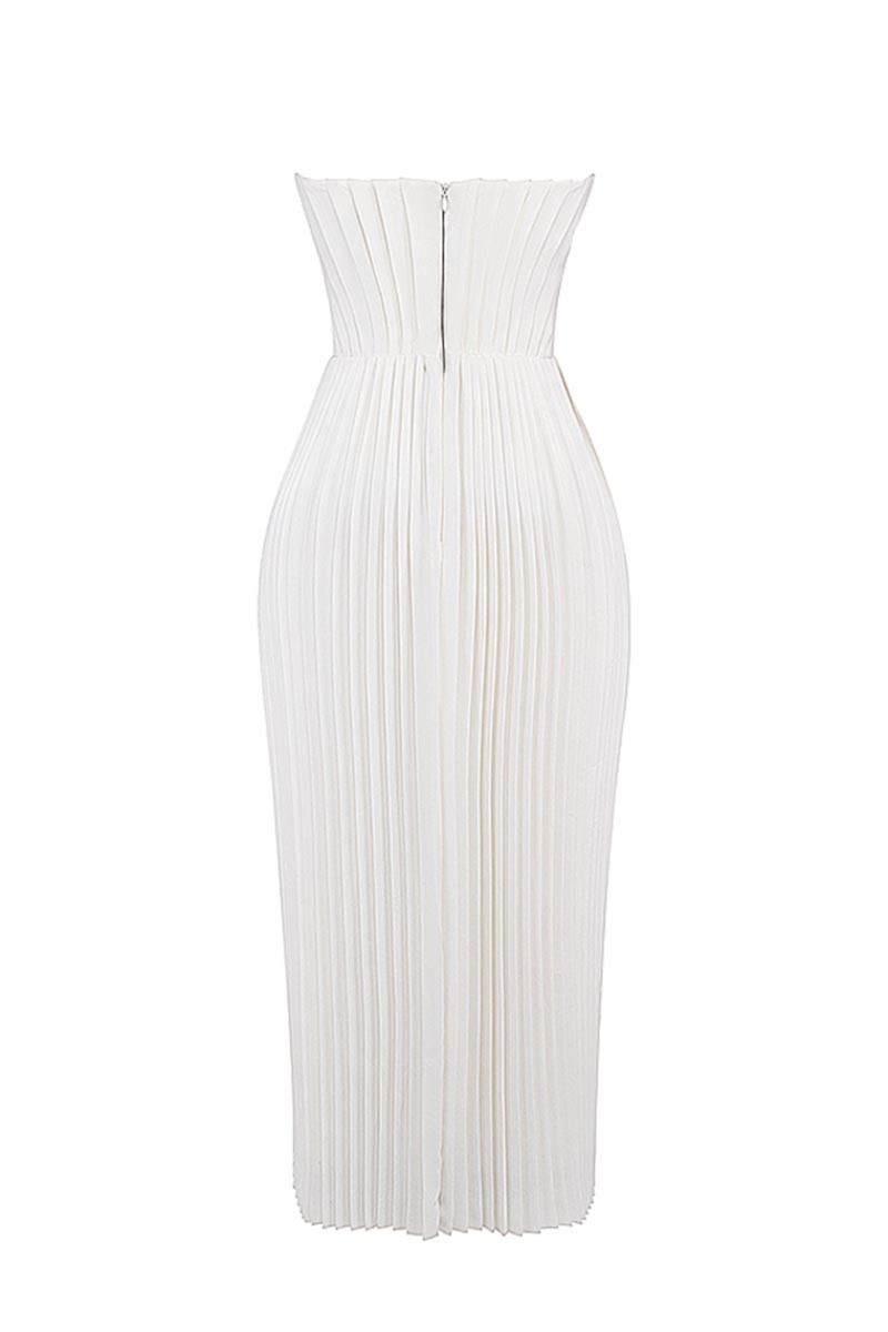 Strapless Corset Pleated Elegant Party Gown Midi Dresses-White
